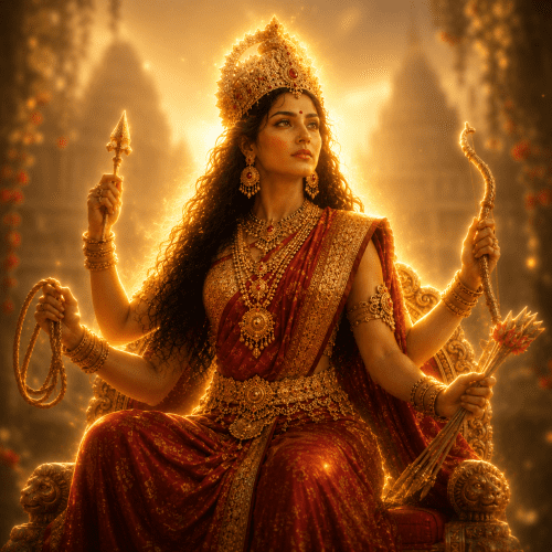Rajarajeswari seated upon a radiant lotus throne at the center of the cosmic Sri Chakra
