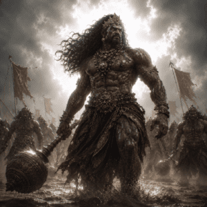Raktabija, a colossal Asura warrior stands amidst a chaotic battlefield at twilight