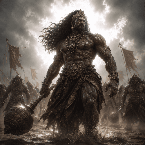 Raktabija, a colossal Asura warrior stands amidst a chaotic battlefield at twilight