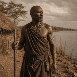 Ramogi Ajwang' standing atop Got Ramogi Hill overlooking Lake Victoria