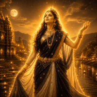 Mythlok - Ratri Ratri, the Vedic Goddess of Night, standing beneath a vast star-filled Indian sky