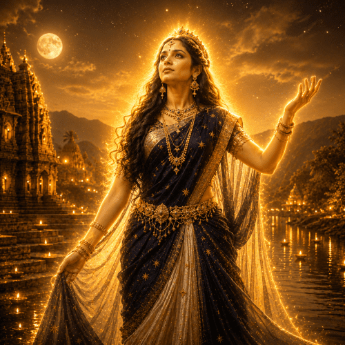 Ratri, the Vedic Goddess of Night, standing beneath a vast star-filled Indian sky