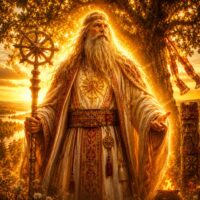 Rod from Slavic tradition standing beneath a vast ancient World Tree