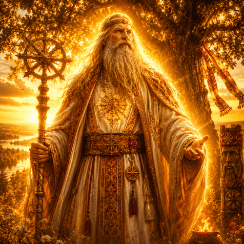 Rod : The Primordial Ancestor of Slavic Tradition Rod from Slavic tradition standing beneath a vast ancient World Tree