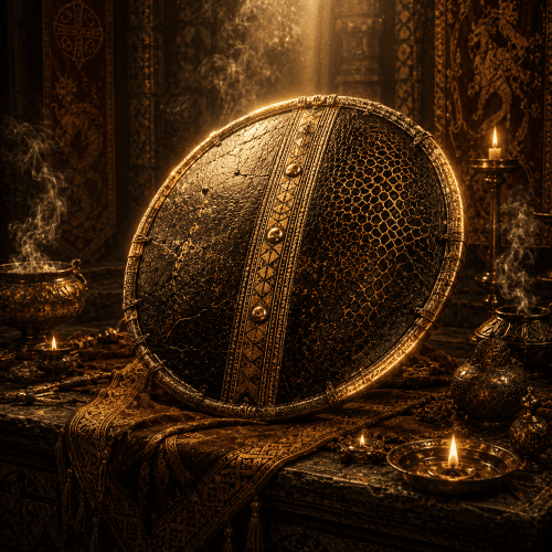 Shield of Thakane lying in an ancient weaponry crypt