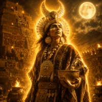 Si the Moche moon deity standing atop an ancient adobe temple under a luminous full moon in the Peruvian desert