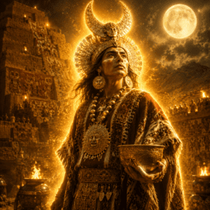 Si the Moche moon deity standing atop an ancient adobe temple under a luminous full moon in the Peruvian desert