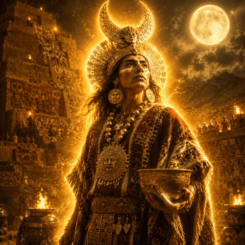 Si the Moche moon deity standing atop an ancient adobe temple under a luminous full moon in the Peruvian desert
