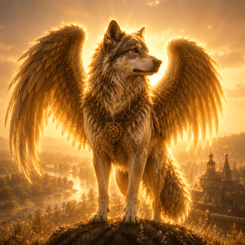 Simargl from Slavic tradition, majestic winged dog standing atop a grassy hill