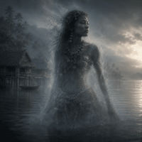 Sira, the legendary Dugong Woman of Malaita, standing waist-deep in a tranquil turquoise lagoon of the Solomon Islands at sunrise