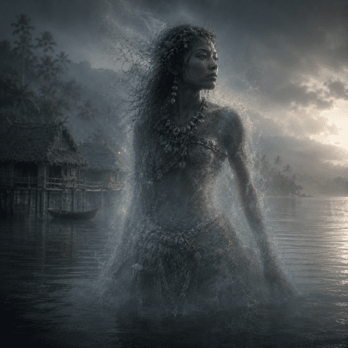 Sira, the legendary Dugong Woman of Malaita, standing waist-deep in a tranquil turquoise lagoon of the Solomon Islands at sunrise