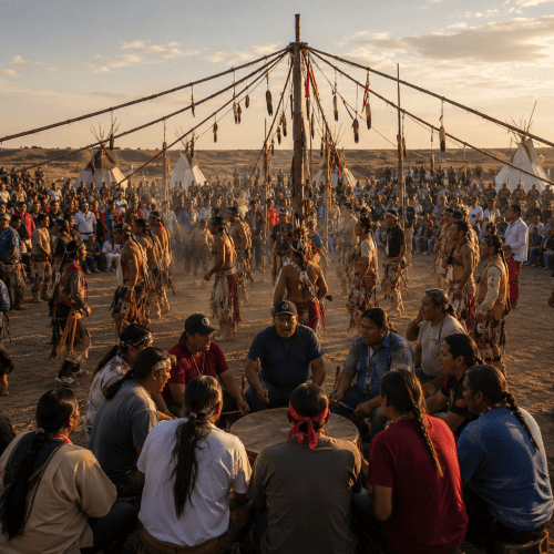 Sun Dance ceremony of the Lakota people, large gathering of Indigenous participants surrounding a sacred cottonwood center pole