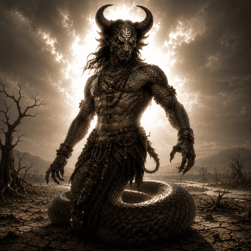 Susna, towering horned serpent-asura over a drought-stricken Vedic landscape,