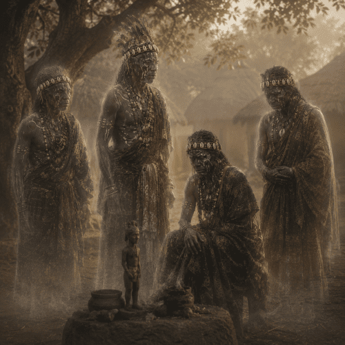 Thila standing next to a Bateba figure