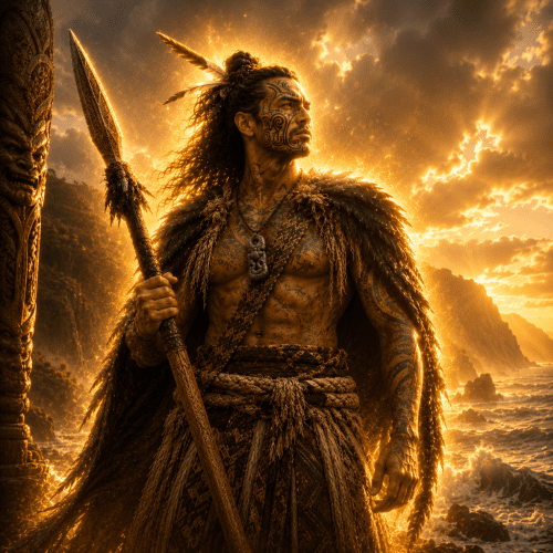Tumatauenga, the Māori god of war and human endeavor, standing defiantly beneath storm-filled skies