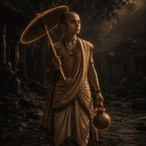Vamana from Indian mythology standing at the center of an ancient sacred landscape