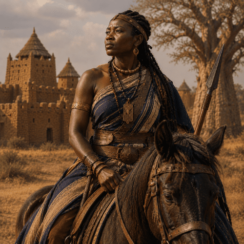 Yennenga, the legendary warrior princess of Mossi mythology, riding a majestic black stallion