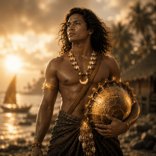 Letao, the trickster demigod of Marshallese mythology, standing on a moonlit coral atoll