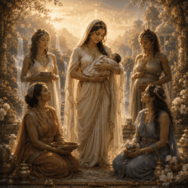Childbirth_ Mythical figures associated with Childbirth in a serene temple