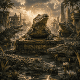 Crocodile_ Mythical crocodiles in a temple swamp