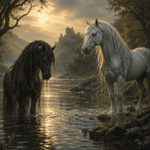 Glastyn vs Kelpie at twilight waterside