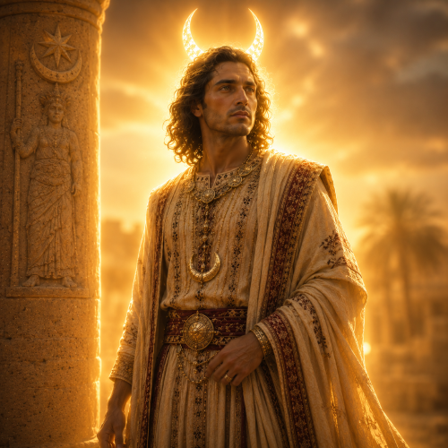 Aglibol, the ancient moon god of Palmyra, portrayed as a realistic West Semitic deity standing within the sandstone ruins of ancient Palmyra at twilight.