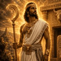 Almaqah, the supreme god of the ancient Sabaean Kingdom, standing before the monumental Awwam Temple near Ma'rib