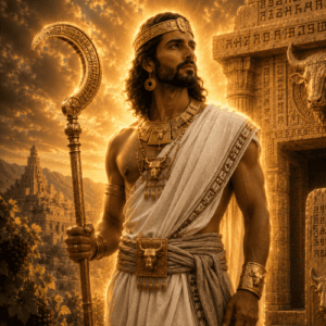 Almaqah, the supreme god of the ancient Sabaean Kingdom, standing before the monumental Awwam Temple near Ma'rib