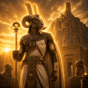 Amun of Napata standing before the sacred mountain of Jebel Barkal at sunrise