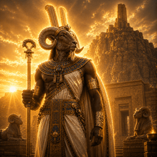 Amun of Napata standing before the sacred mountain of Jebel Barkal at sunrise