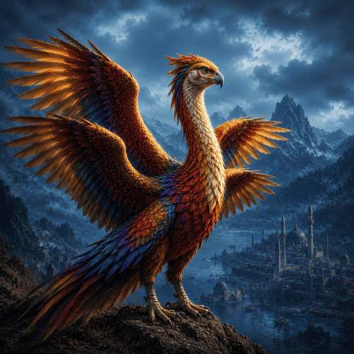 Anqa, the legendary bird of Arabian mythology, perched upon a weathered cliff