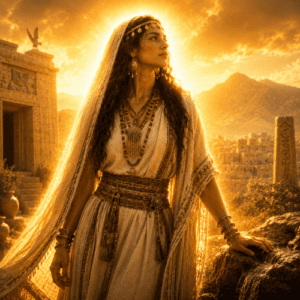 Arsay, Ugaritic earth goddess emerging from ancient fertile ground beneath a storm-filled Bronze Age Levantine sky