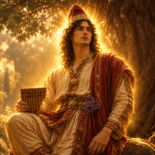 Attis, the Phrygian god of rebirth, radiates a warm golden divine glow beneath a sacred pine tree, wearing traditional Phrygian attire in a serene ancient woodland.