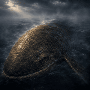 Bahamut as an impossibly vast cosmic fish emerging from the endless primordial ocean beneath creation