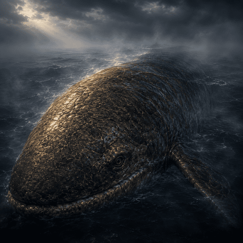 Bahamut as an impossibly vast cosmic fish emerging from the endless primordial ocean beneath creation