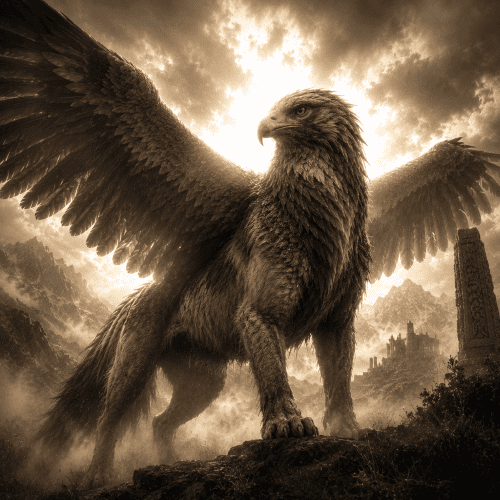 Chamrosh, the legendary guardian bird from Iranian mythology, standing on the rocky slopes of Mount Alborz