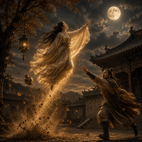 Chang'e Lunar Exile beginning by ascending toward the moon as Hou Yi reaches for her