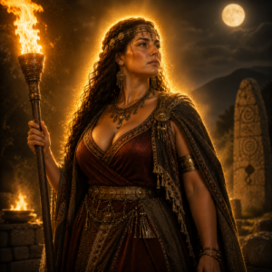 Cotys, the mysterious Thracian goddess, standing alone in a sacred forest clearing beneath the moonlight