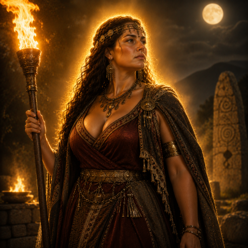 Cotys, the mysterious Thracian goddess, standing alone in a sacred forest clearing beneath the moonlight