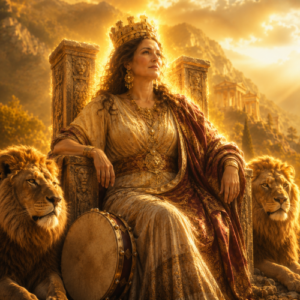 Cybele, the Great Mother Goddess of Phrygian mythology, seated naturally upon a weathered stone throne