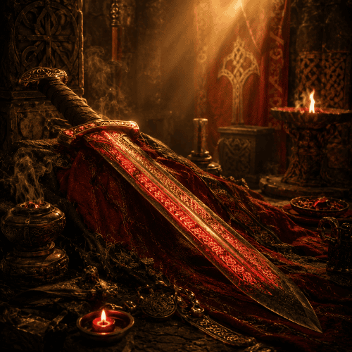 The cursed Dáinsleif lying in a Norse chamber