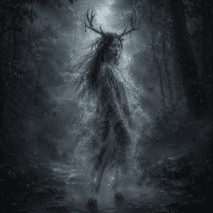 Deer Woman from Muscogee mythology emerging from a mist-filled Southeastern North American forest
