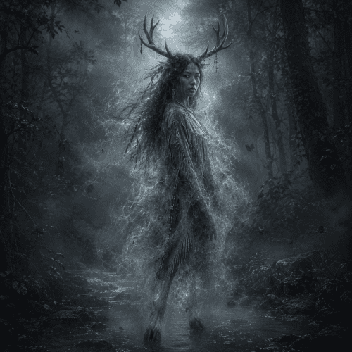 Deer Woman from Muscogee mythology emerging from a mist-filled Southeastern North American forest