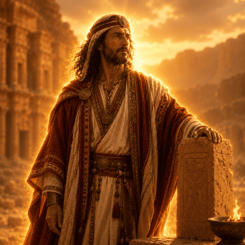 Dushara, the supreme Nabataean god, standing upon a sandstone plateau overlooking the rose-red cliffs of ancient Petra