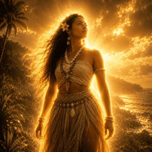 Eijebong, the goddess of femininity from Nauruan mythology, standing on a rugged coral shoreline at dawn overlooking the Pacific Ocean