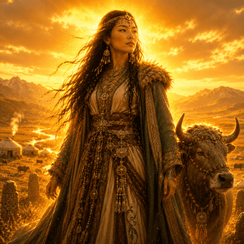 Etügen, the Mother Earth goddess of Mongolian mythology, standing gracefully upon the endless Mongolian steppe