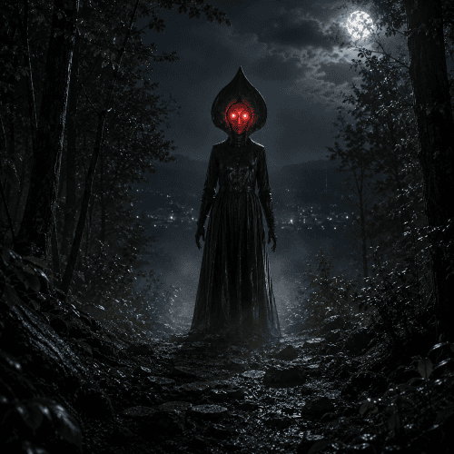 Flatwoods Monster standing in a mist-covered Appalachian forest at night in Flatwoods, West Virginia