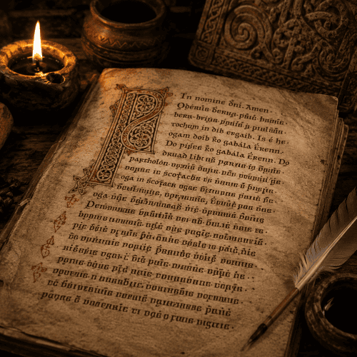 Ancient Gaelic manuscripts, ink pots, quills, and an Ogham-inscribed standing stone