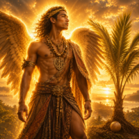Galang Kaluluwa, the winged primordial deity of Tagalog mythology, standing beside the first coconut tree with a warm divine golden glow.