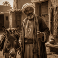 Goha from Arabian folklore standing in a bustling medieval Middle Eastern marketplace.